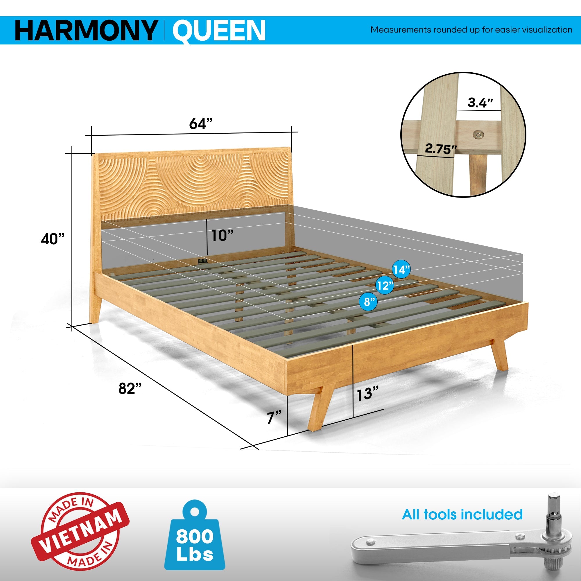 Acacia Harmony Solid Wood Platform Bed Frame with Headboard