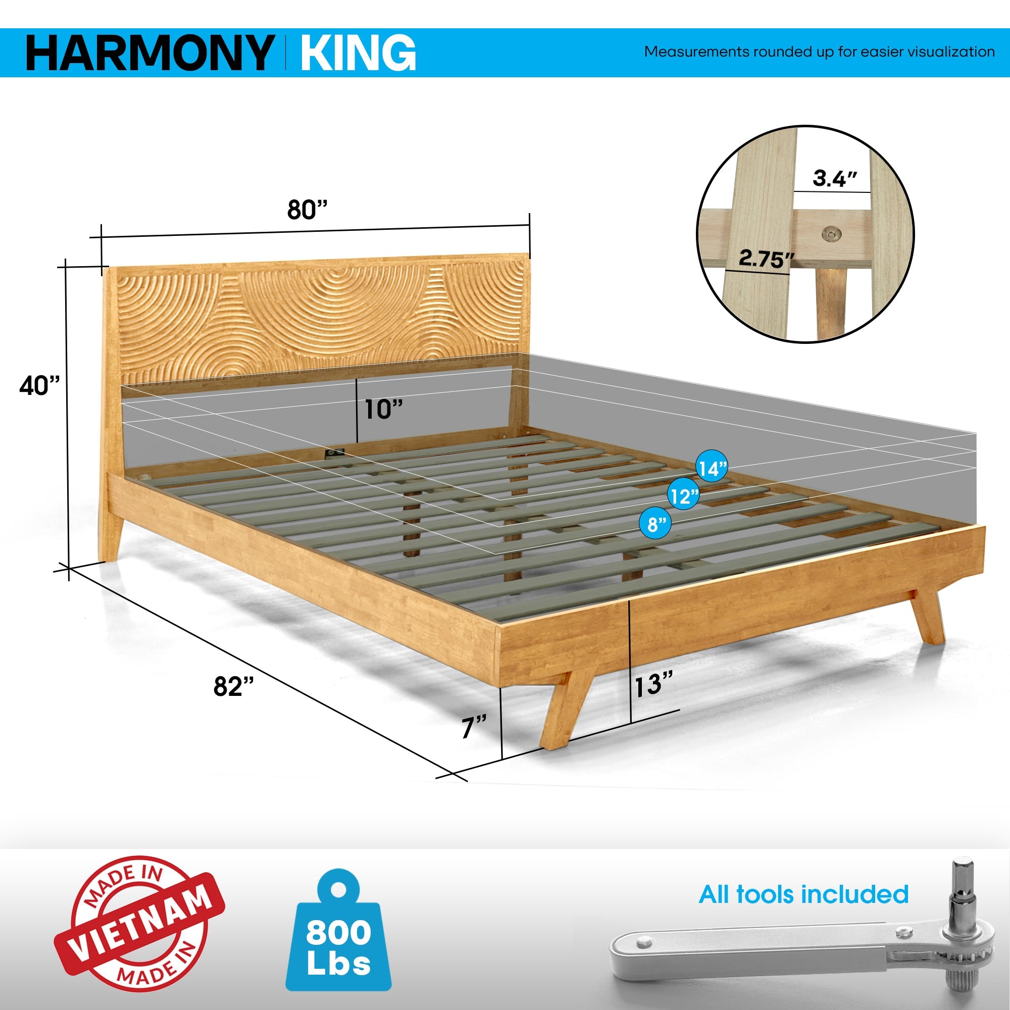 Acacia Harmony Solid Wood Platform Bed Frame with Headboard