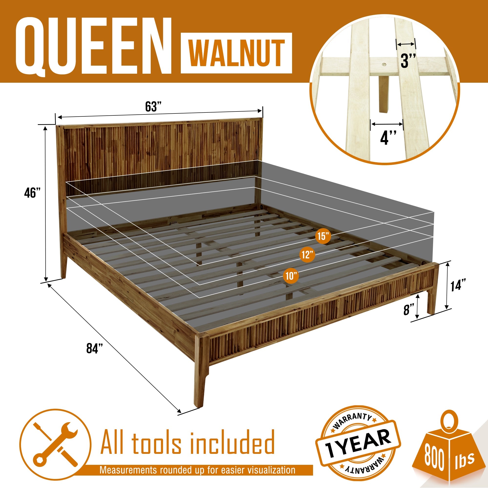 Megsu Bosk Acacia Wood Bed Frame with Headboard