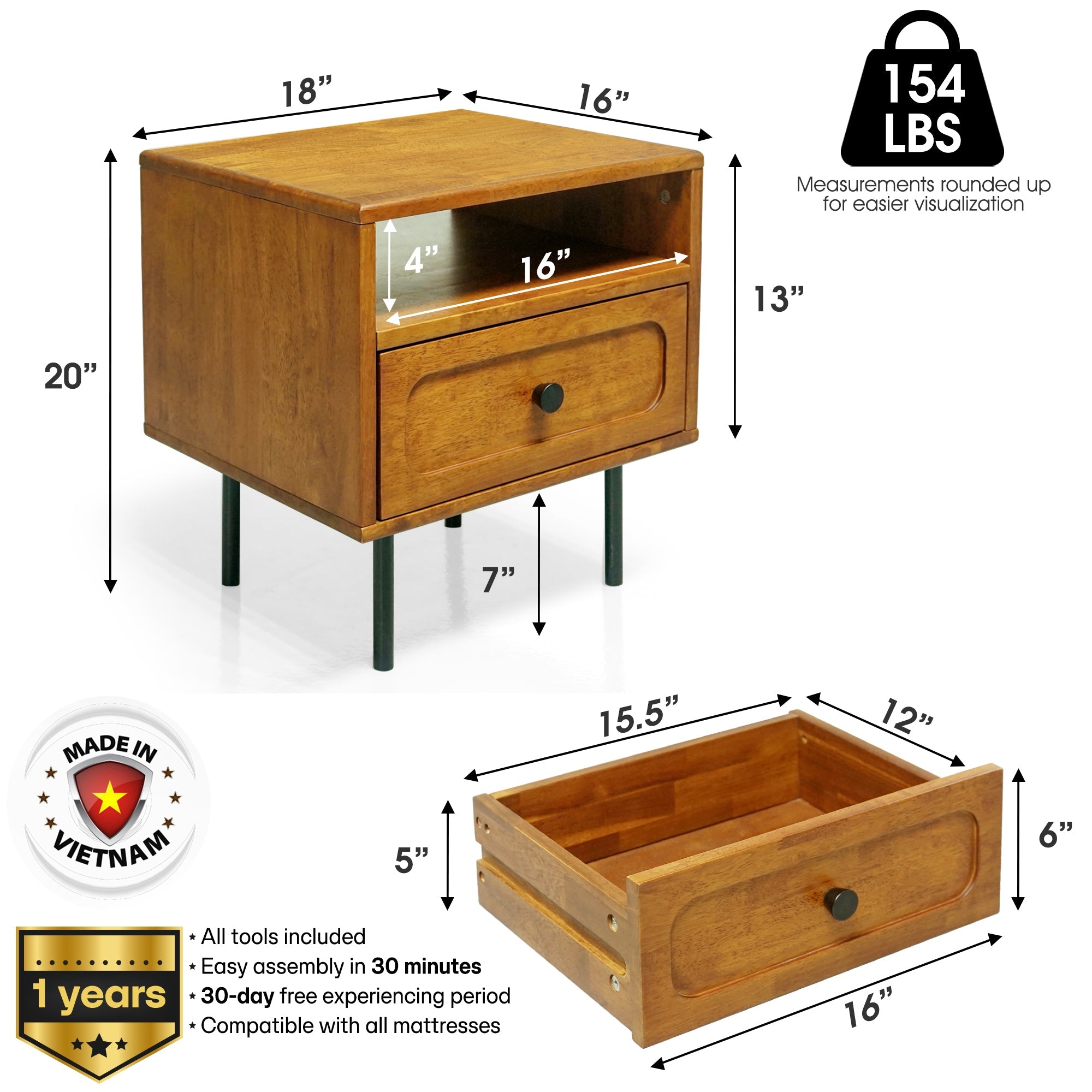 Acacia Savana Mid-Century Modern Single Drawer Solid Wood Nightstand