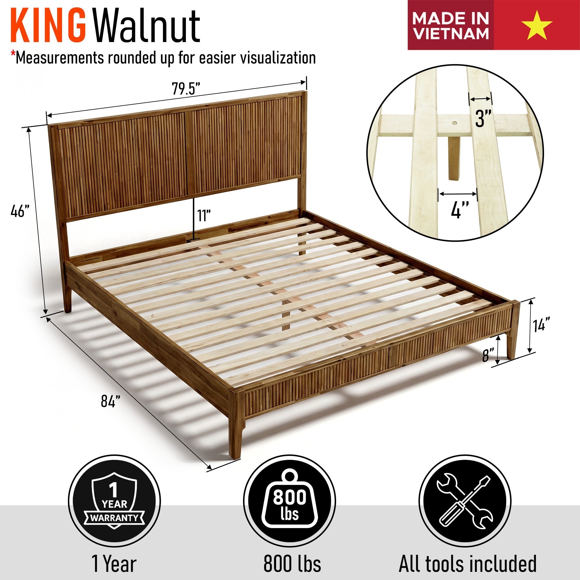Megsu Bosk Acacia Wood Bed Frame with Headboard