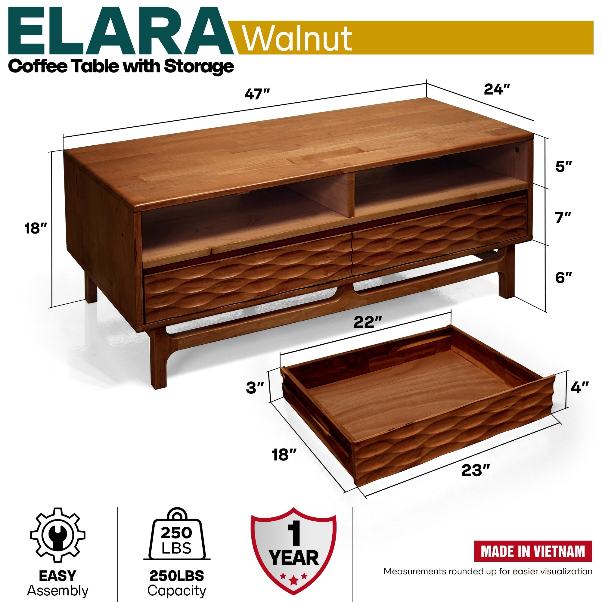Acacia Elara 47.2” Rectangular Coffee Table with Drawers & Open Storage