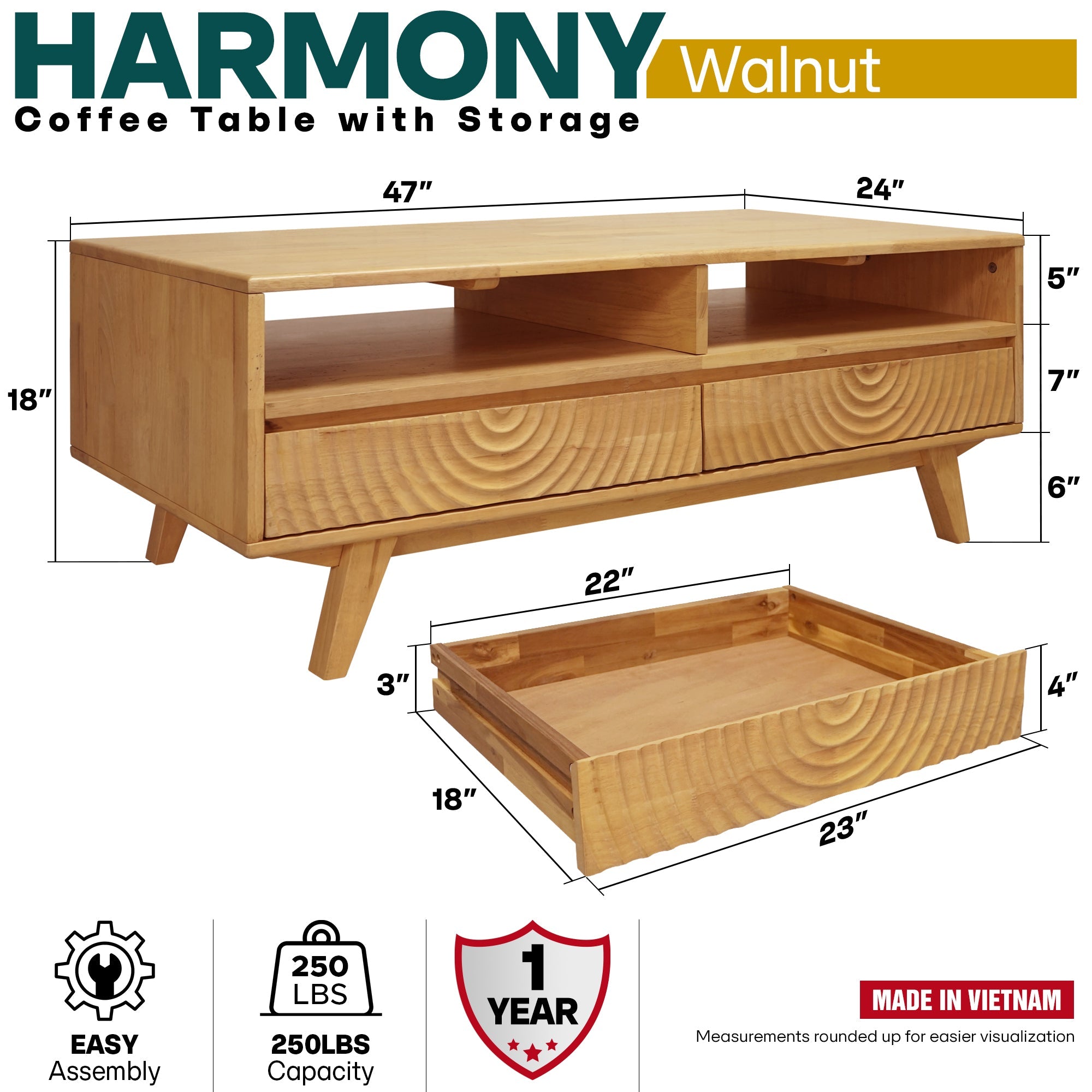 Acacia Harmony Wooden Coffee Table with Drawers & Open Storage