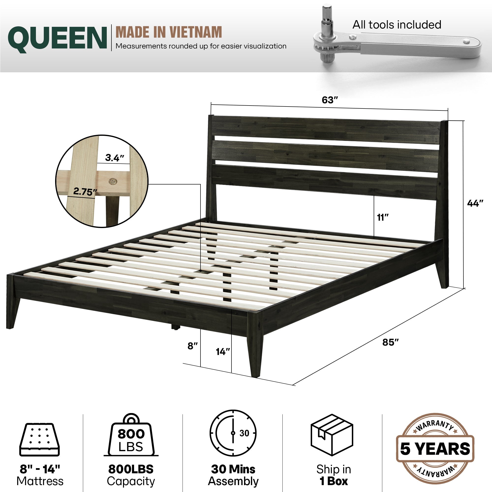 Acacia Emery Solid Wood Bed Frame - Stylish and Durable Acacia Wood Design for Your Bedroom