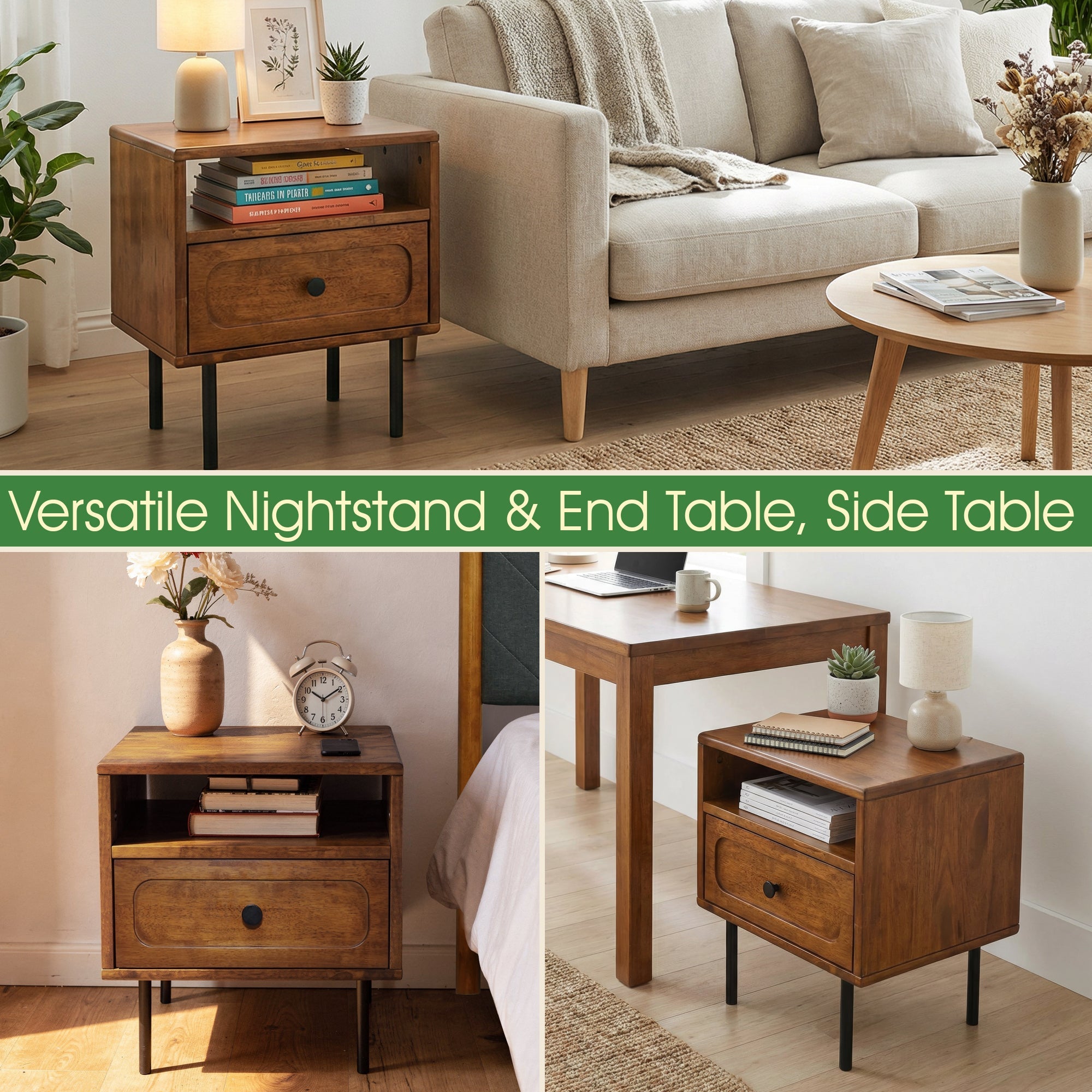 Acacia Savana Mid-Century Modern Single Drawer Solid Wood Nightstand