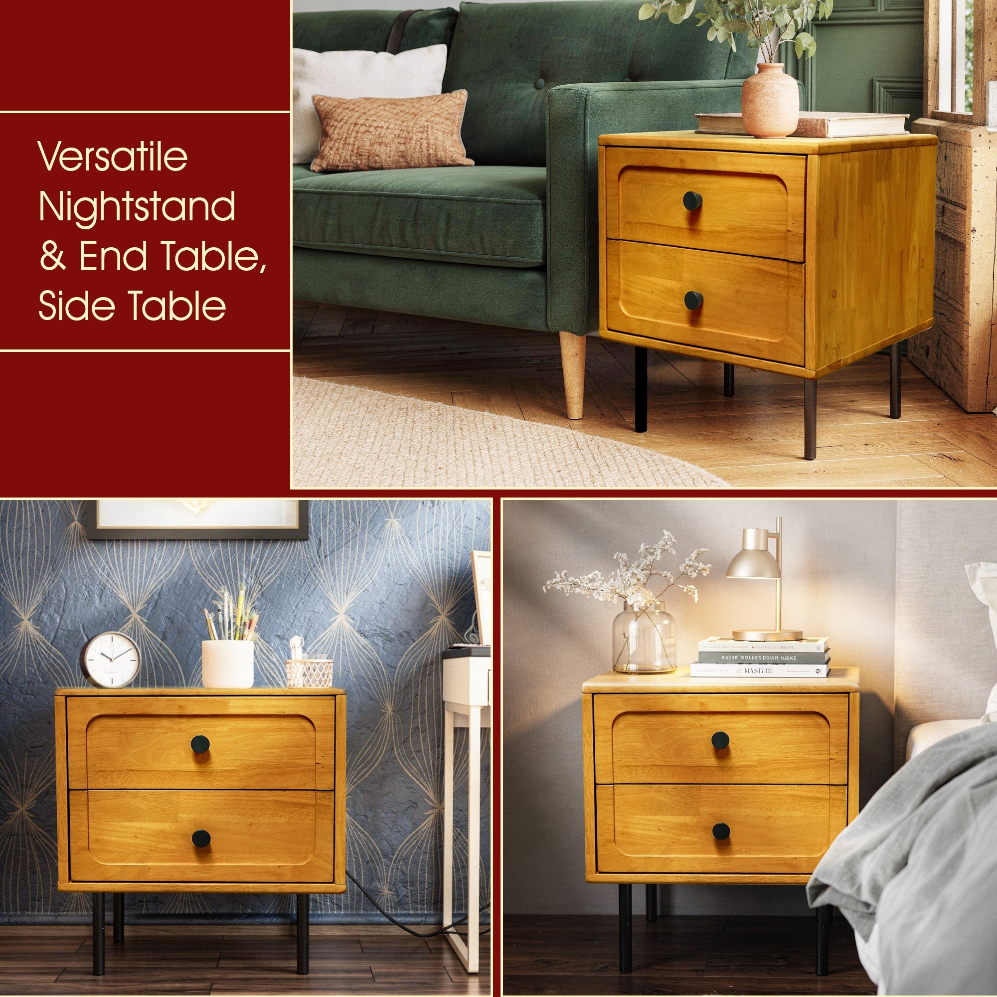 Acacia Savana Mid-Century 2 - Drawer Solid Wood Nightstand