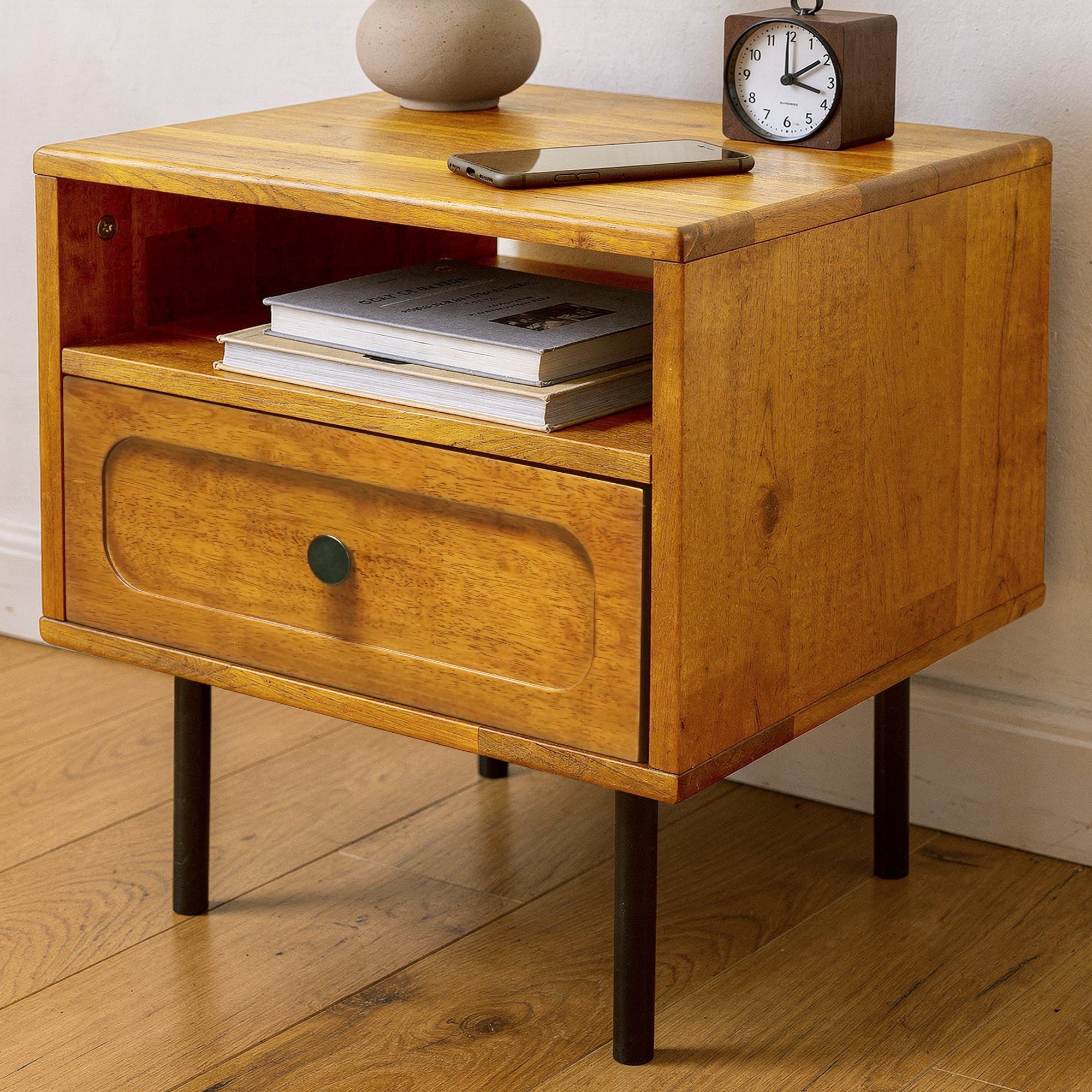 Acacia Savana Mid-Century Modern Single Drawer Solid Wood Nightstand