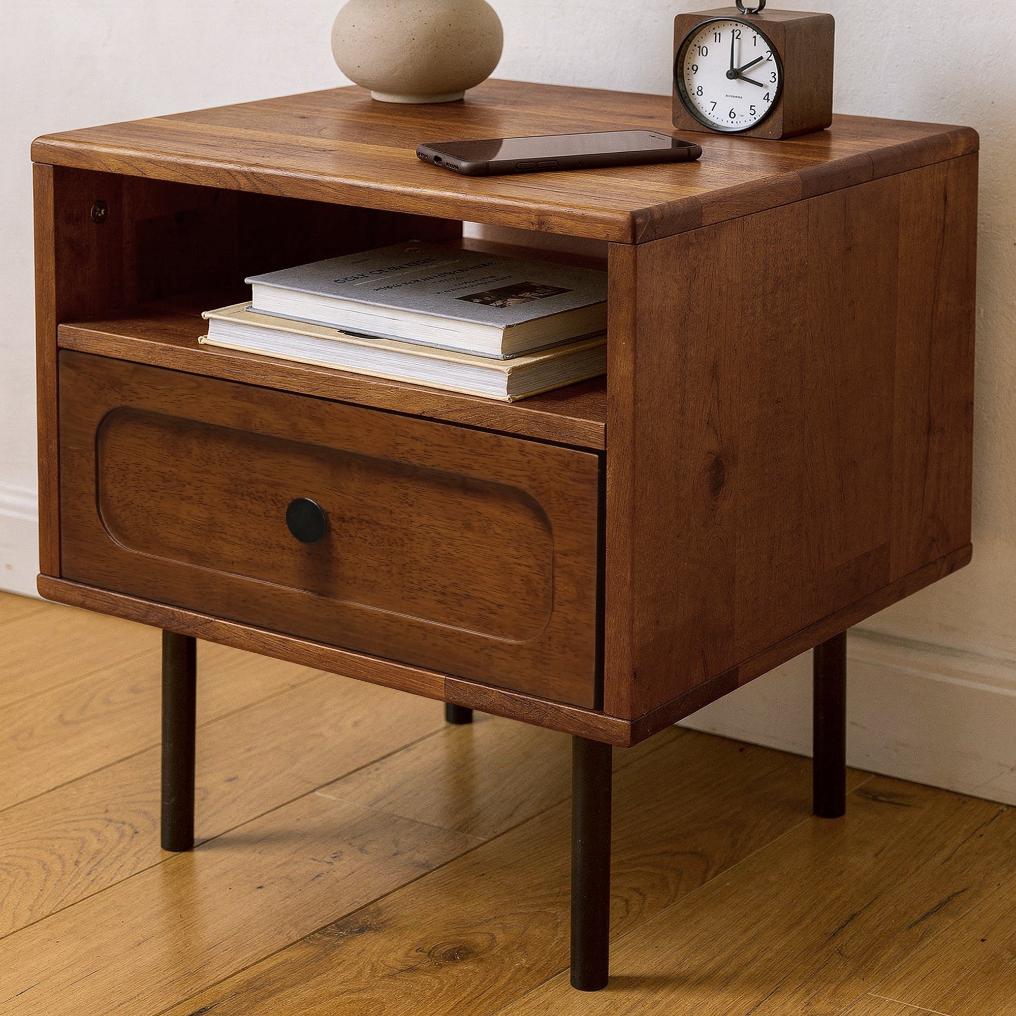 Acacia Savana Mid-Century Modern Single Drawer Solid Wood Nightstand