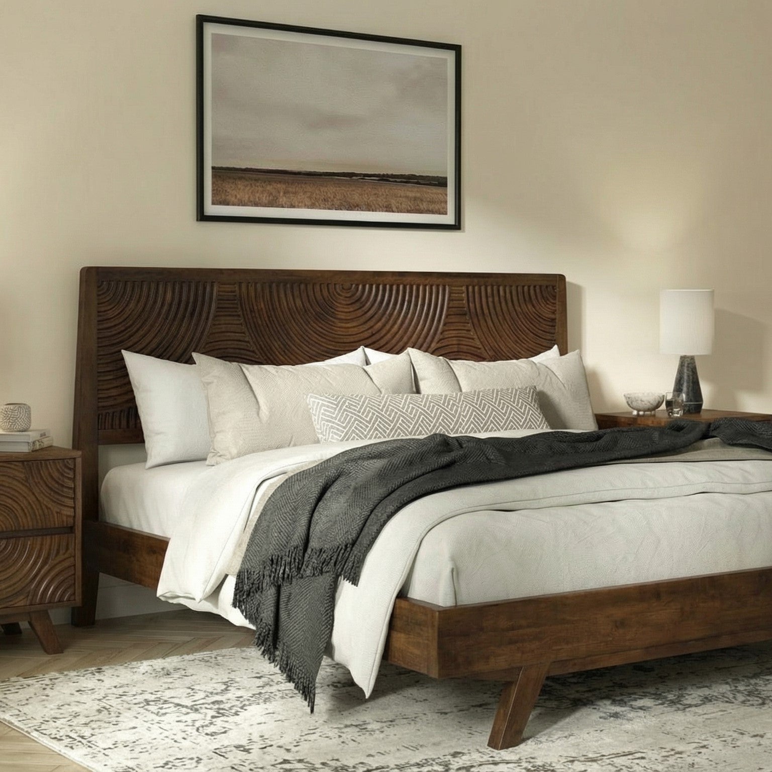 Acacia Harmony Solid Wood Platform Bed Frame with Headboard